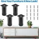 5 Inch Metal Furniture Legs Stainless Steel Adjustable Legs Black Metal Legs Round Cabinet Legs for Coffee Table Cabinet Desk Sofa Shelves, Pack of 4