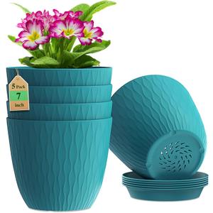 7 inch Flower Pots, 5 Pack Plant Pots with Drainage Holes and Saucers for Indoor Plants, Plastic Planters with Water Ripple for Small Garden House Plants, Nursery Pots for Succulent, Blue Green