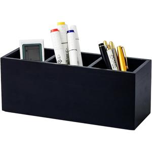 Wood Pens Pencils Holder Cup for Desk Remote Control Holder, Caddy, Organizer, Desktop Storage with 3 Compartments, Makeup Brush Holder, Silverware Caddy for Party, Office Supplies (Black)