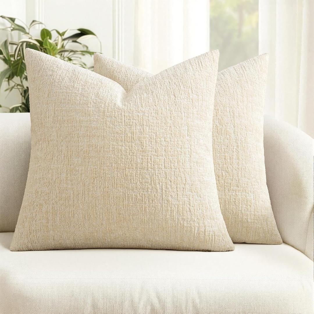 MIULEE Decorative Throw Pillow Covers 24x24 Pack of 2 Beige Couch Pillow Covers Soft Cozy Textured Chenille Pillowcases for Home Decor Sofa Living Room Cushion Bedroom