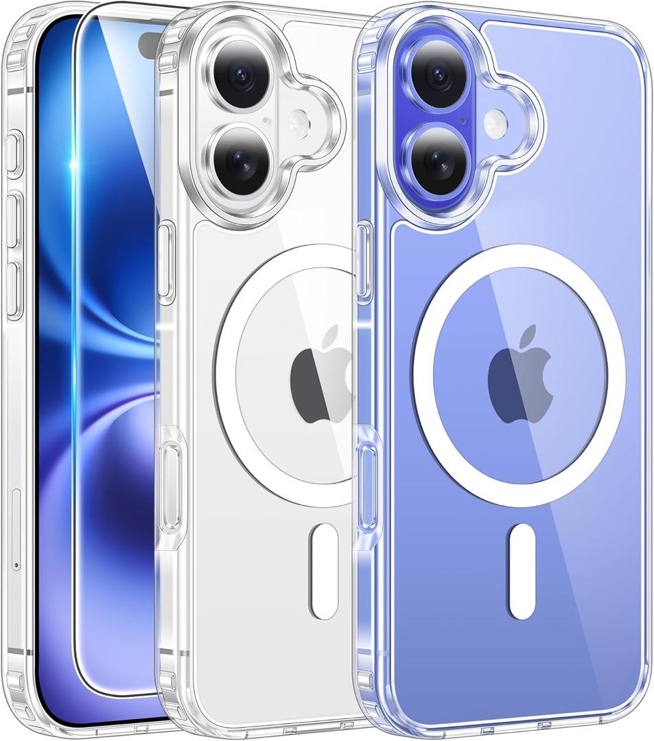 FNTCASE for iPhone 16 Plus Case: Clear Magnetic Phone Cases with Screen Protector Compatible with Magsafe Slim Anti Yellowing Rugged Shockproof Protective Transparent Cell Phone Cover (A-Clear)