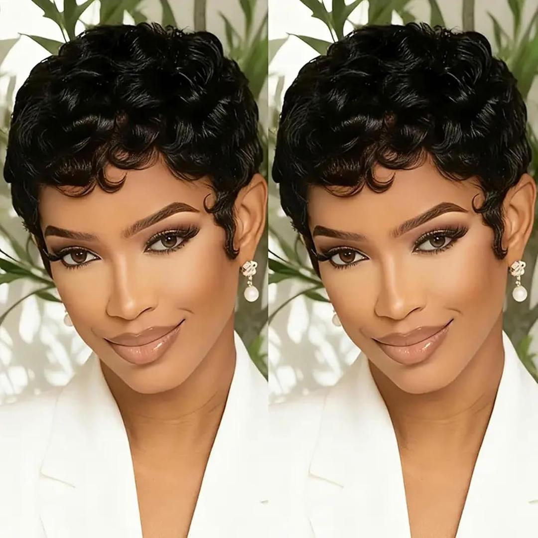 VRZ Pixie Cut Wigs Human Hair Glueless Wear and Go Pixie Cut Curly Style with Bangs for Black Women Short Layered Human Hair Wigs 1B Natural Looking for Daily Wear