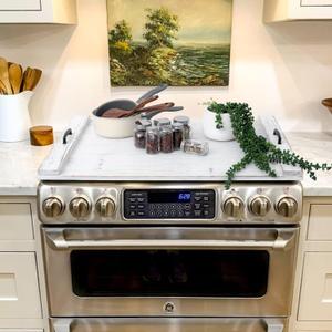 SwallowLiving Wood Noodle Board Stove Cover with Handles, Wooden Stovetop Cover Board for Gas Stove and Electric Stove Top,Kitchen Sink Cover for Counter Space, Cutting Board, White, 29.5"L x 22"W