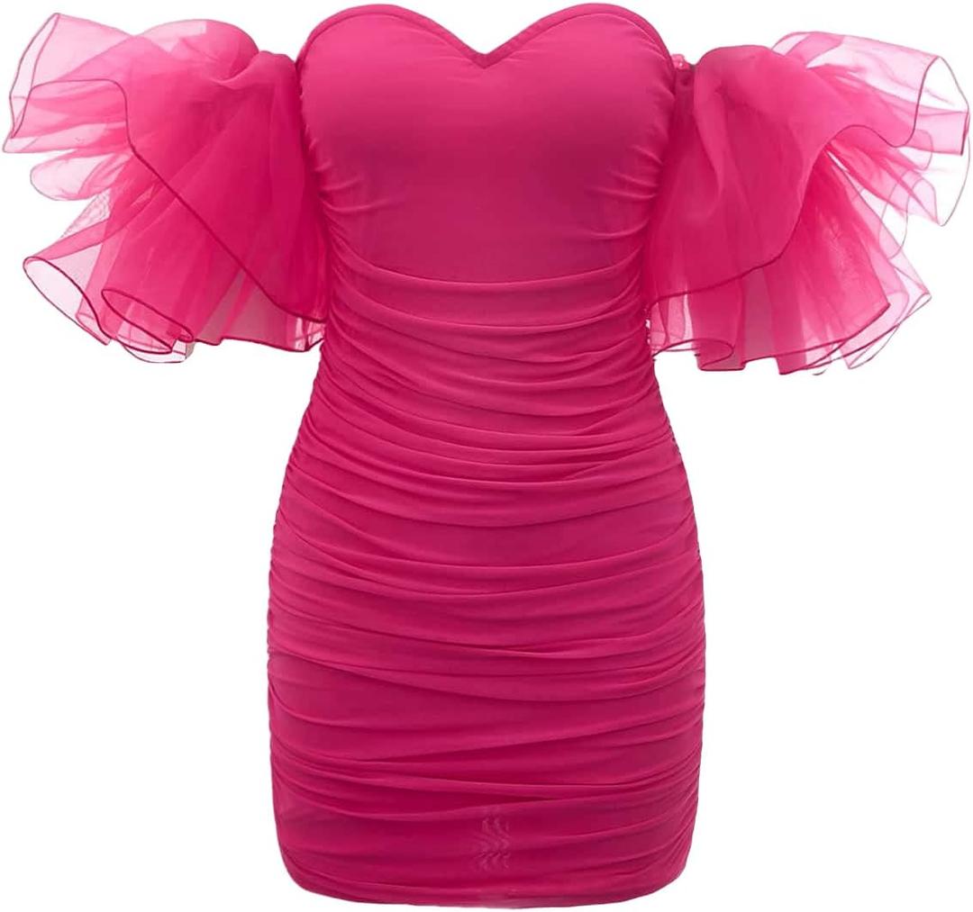 WDIRARA Women's Off Shoulder Puff Sleeve Prom Mesh Dress Ruched Cocktail Bodycon Party Elegant Mini Dresses (Medium, Hot Pink)