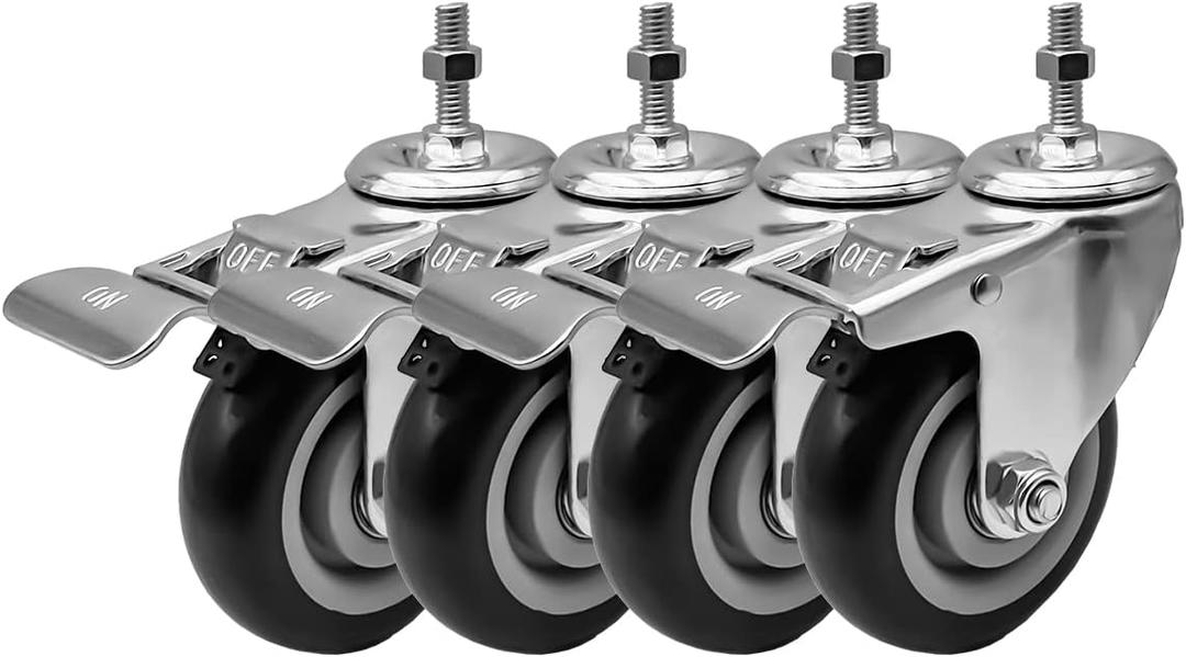 FactorDuty 4 Inch Black Caster Wheel with Brake Dual Locking 3/8"-1.2" Threaded Stem Mount Caster Wheel Polyurethane Wheels Premium Non Marking No Noise 300LB Per Wheel (Pack of 4)