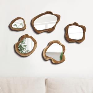 Threehoney 5 Pcs Small Decorative Acrylic Mirror Sets - Wooden Framed Asymmetrical Mid Century Modern Wall Decor for Bathroom, Kitchen, Home 