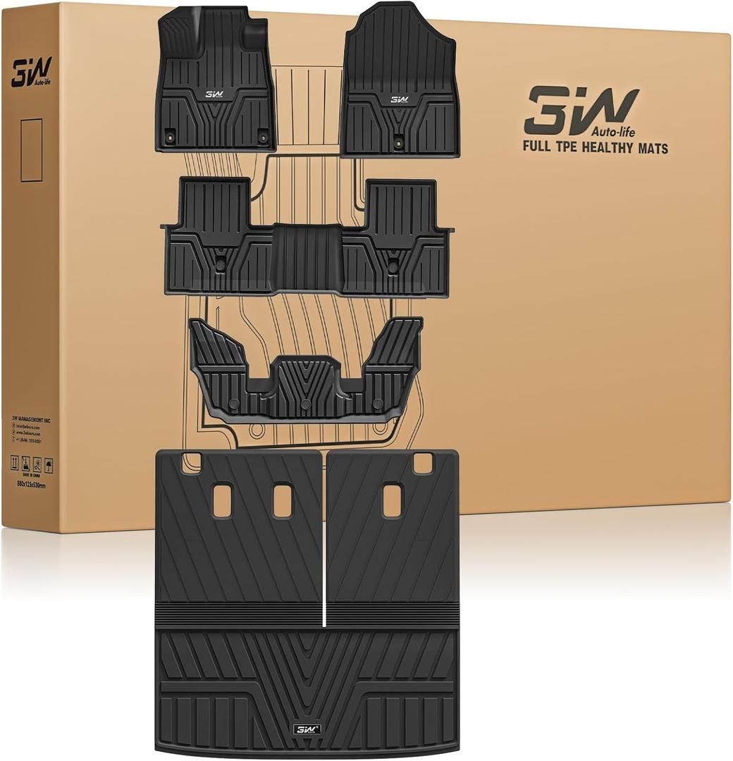 3W Floor Mats and Cargo Liner Fit for Honda Pilot 2023 2024 2025 2026, Custom Fit All Weather Honda Pilot Accessories Odorless Anti-Slip TPE Full Set Mats Black