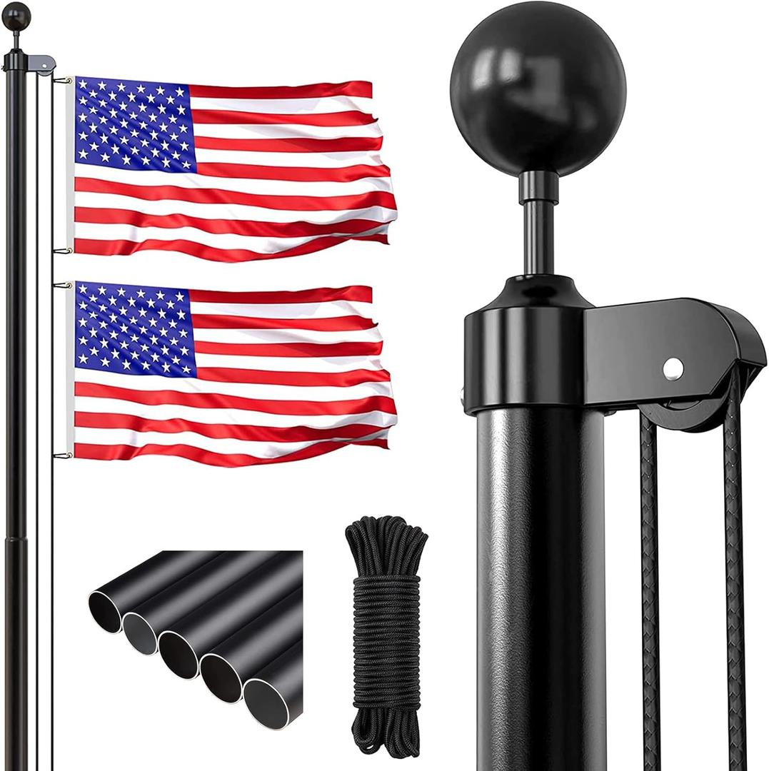 iElyiEsy Flag Poles for Outside House, 25FT Flagpole high hardnees Aluminum Sectional Flag Pole Kit with 3x5 American Flag & Black Ball Topper for Yard House Ground Residential Commercial (Black)