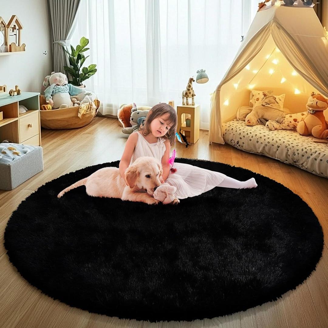 Black Fluffy Round Area Rugs for Bedroom,4Ft Shag Circle Area Rugs for Living Room,Non Slip Fuzzy Plush Rug for Kids Boys Girls Room and Dorm Home Decor Rug
