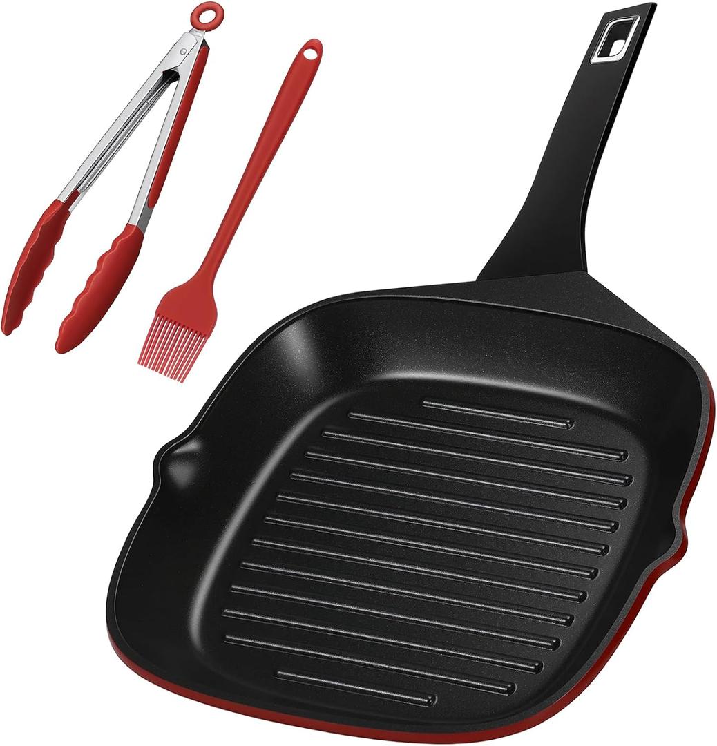 11 Inch Nonstick Grill Pan, Square Large Grilling Skillet Steak Pan for Stove Tops, Granite Coating Grill Skillet with Pour Spouts, PTFE & PFOA Free, Durable Grilling Pan for Indoor & Outdoor