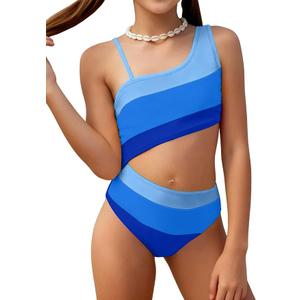 Girls One Piece Swimsuit Color Block One Shoulder Bathing Suit Cut Out Swimwear 11-12Y 