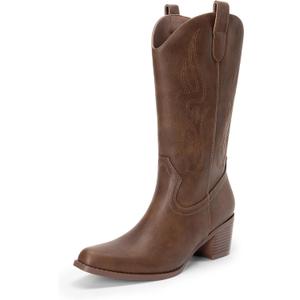 DREAM PAIRS Women's Square Toe Cowboy Cowgirl Boots Embroidered Mid Calf Western Boots Fashion Dress Low Chunky Heel Boots for Theme Party Country Concert (7, Brown-pu)