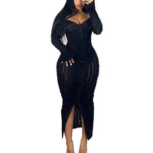 Sexy Button Down Dresses for Women Date Night Off Shoulder See Through Mesh Ruffle Bodycon Maxi Dress (Large, 0279-black)