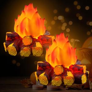 2 Pack Fake Campfire Night Light,3D LED Fake Fire Pit Firewood Lamp,Faux Fireplace Logs Night Lights,Decorative Fire Led Light for Halloween Christmas Party Decor