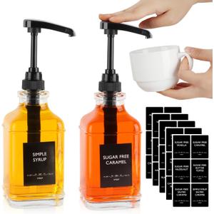 STARSIDE 16 oz Coffee Syrup Dispenser,2 pcs Clear Glass Syrup Bottle with 1/4oz Capacity Pump,Syrup Dispenser for Coffee Bar with Plastic Pump and Syrup Labels