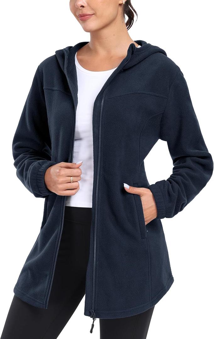 MoFiz Women's Long Fleece Zip Up Hoodies Long Sleeve Full Zip Soft Warm Polar Fleece Jacket Coat with Pocket for Fall Winter (L)