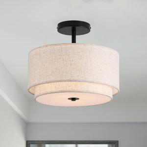12.6inch Flush Mount Ceiling Light Fixture,3-Light Modern Close to Ceiling Light with 2-Layer Linen Fabric Shade,Farmhouse Drum Ceiling Mount Lamp for Bedroom Hallway Living Room, 12.6" x 12.6" x 6.3" inches