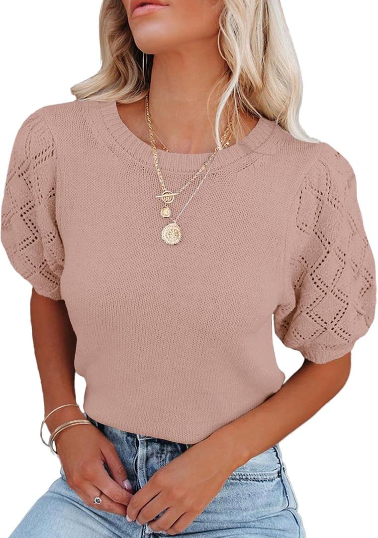 Womens Short Sleeve Sweaters Crewneck Knit Pullover Tops 2025 Summer Casual Lightweight Crochet Blouse Shirt Medium