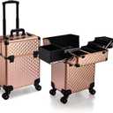 Stagiant Rolling Makeup Train Case Large Storage Cosmetic Trolley 4 Tray with Sliding Rail Removable Middle Layer with Key Swivel Wheels Salon Barber Case Traveling Cart Trunk (Rose Gold)