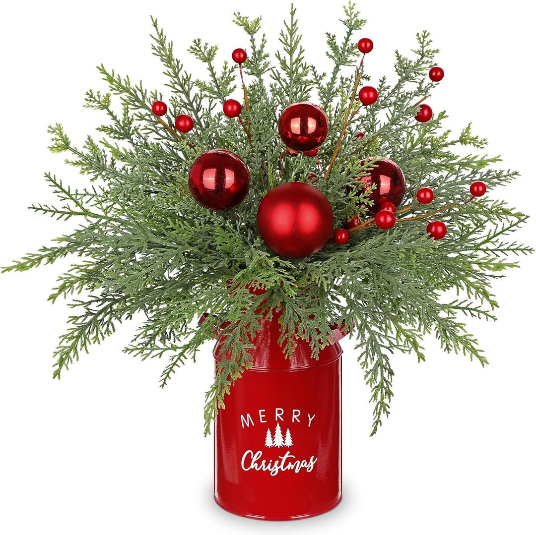 Christmas Centerpieces Mini Tabletop Christmas Tree Small Christmas Floral Arrangements with Red Ornaments in Metal Pot 15.7" Xmas Tree Decorations for Holiday Wedding Party New Year Table Desk Mantle