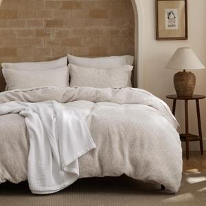 Bedsure Waffle Duvet Cover King - 100% Cotton Duvet Cover Linen Color, Space-Dyed for Enhanced Bedroom Aesthetics, PureWoven and Stylish All-Season, 3-Piece Bedding Set with Button Closure, 104"x90"