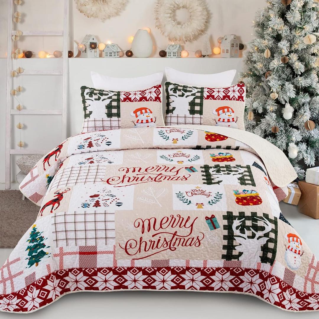 Drucon Queen Size Christmas Quilt Set - Tree, Deer, Snowman Printed Bedding - Lightweight Microfiber Coverlet - 90x96 inches (Cream)