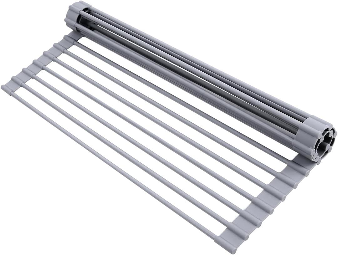 Ohuhu Roll Up Dish Drying Rack, Over The Sink Multipurpose Roll-Up Dish Racks, 16.5" W x 13" L Rolling Heat-Resistant Anti-Slip Silicone Coated Dish Drainer Portable Foldable for Kitchen Counter (Gray)