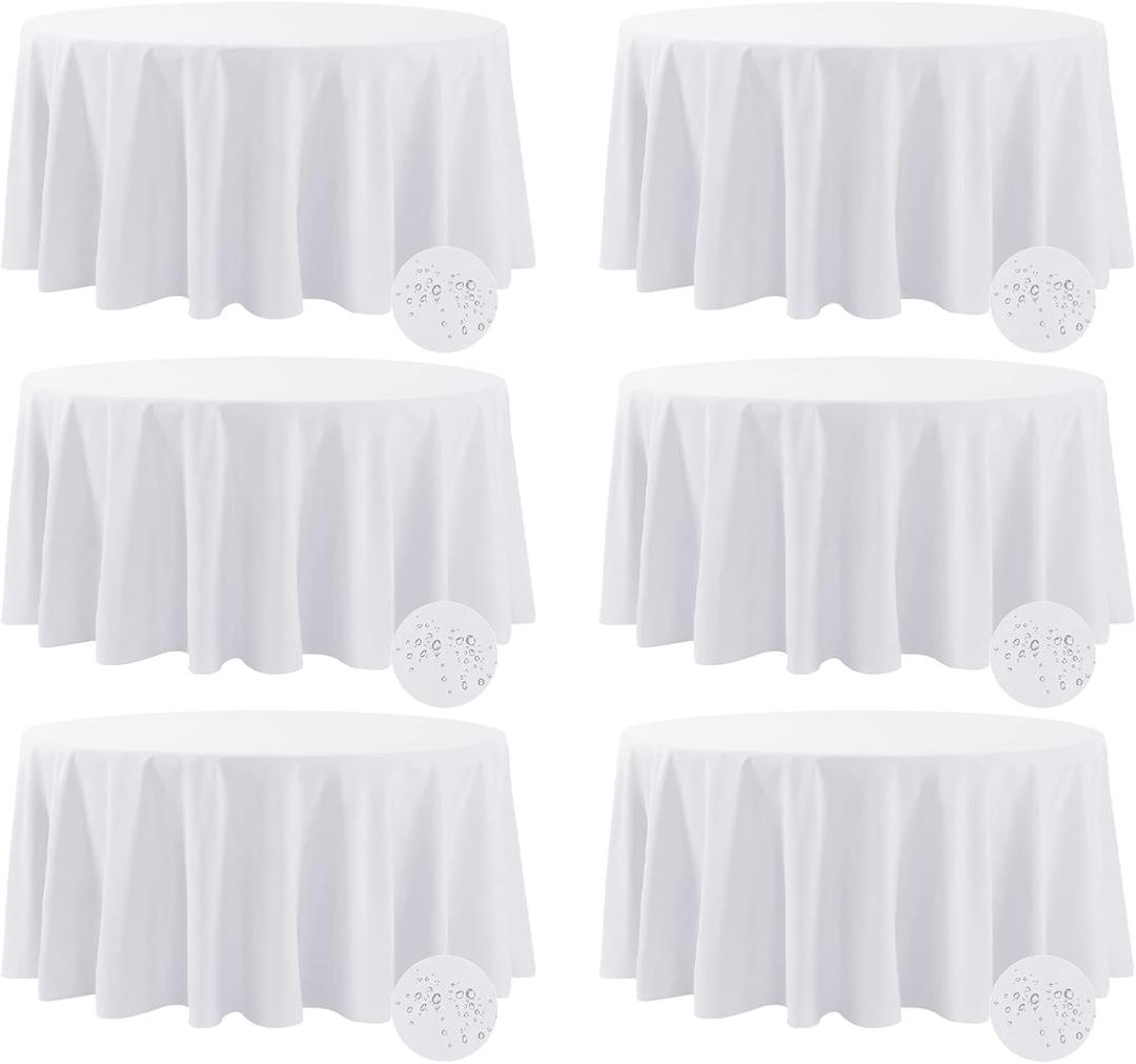 Fokitut 6 Pack Waterproof Round Tablecloth, 132 Inch, Stain Resistant and Wrinkle Polyester Table Cloth, Fabric Table Cover for Kitchen Dining, Wedding, Party, Holiday Dinner-White