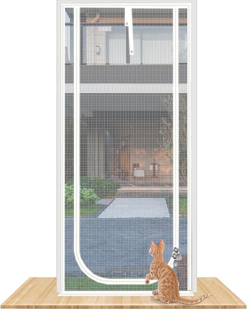 Reinforced Cat Screen Door,Fits Door Size 36''x 81'',Thickened Cat Proof Mesh Screen Door with Zipper Closure for Living Room,Kitchen,Bedroom. (U-Type,White)