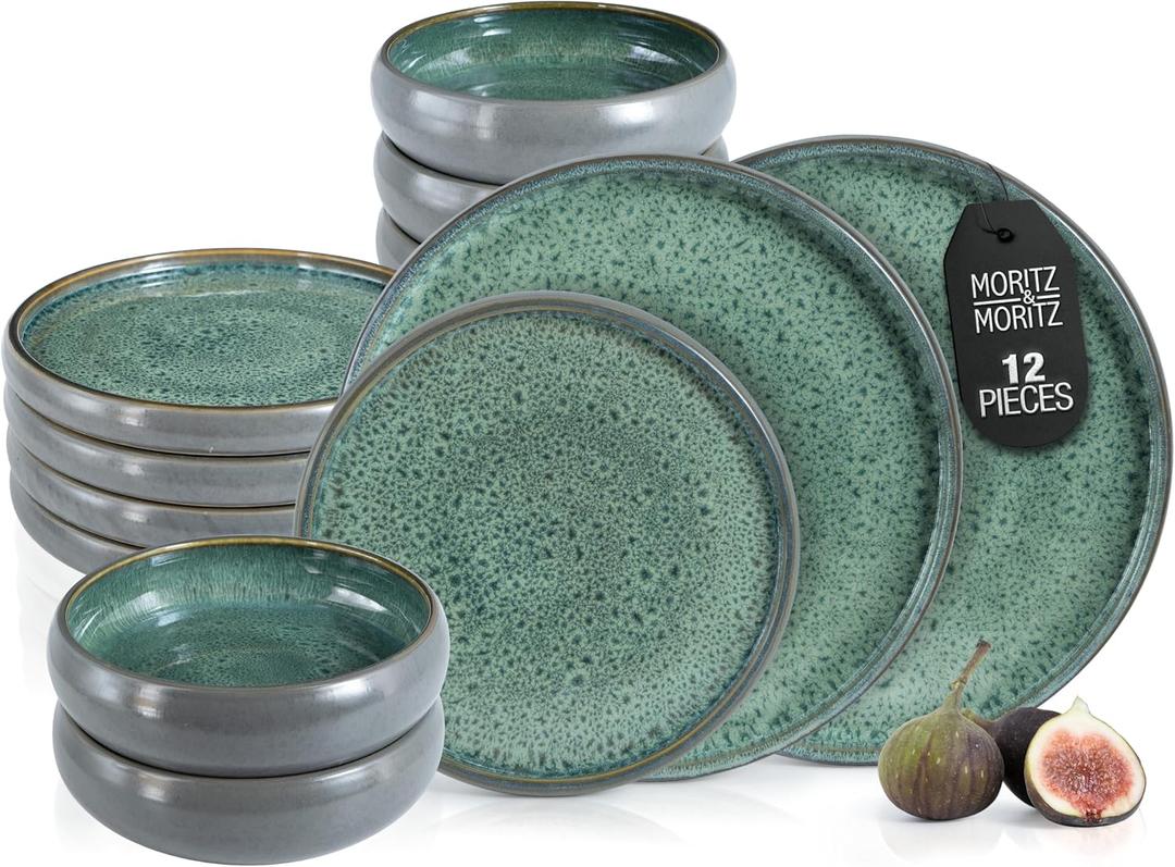Moritz & Moritz Solid 12-Piece Stoneware Dinnerware Set for 4 | Plate and Bowls Set with 4 Dinner Plates, Small Dessert Plates & Soup Bowls  Kitchen Dish Sets, Microwave & Dishwasher Safe, Green