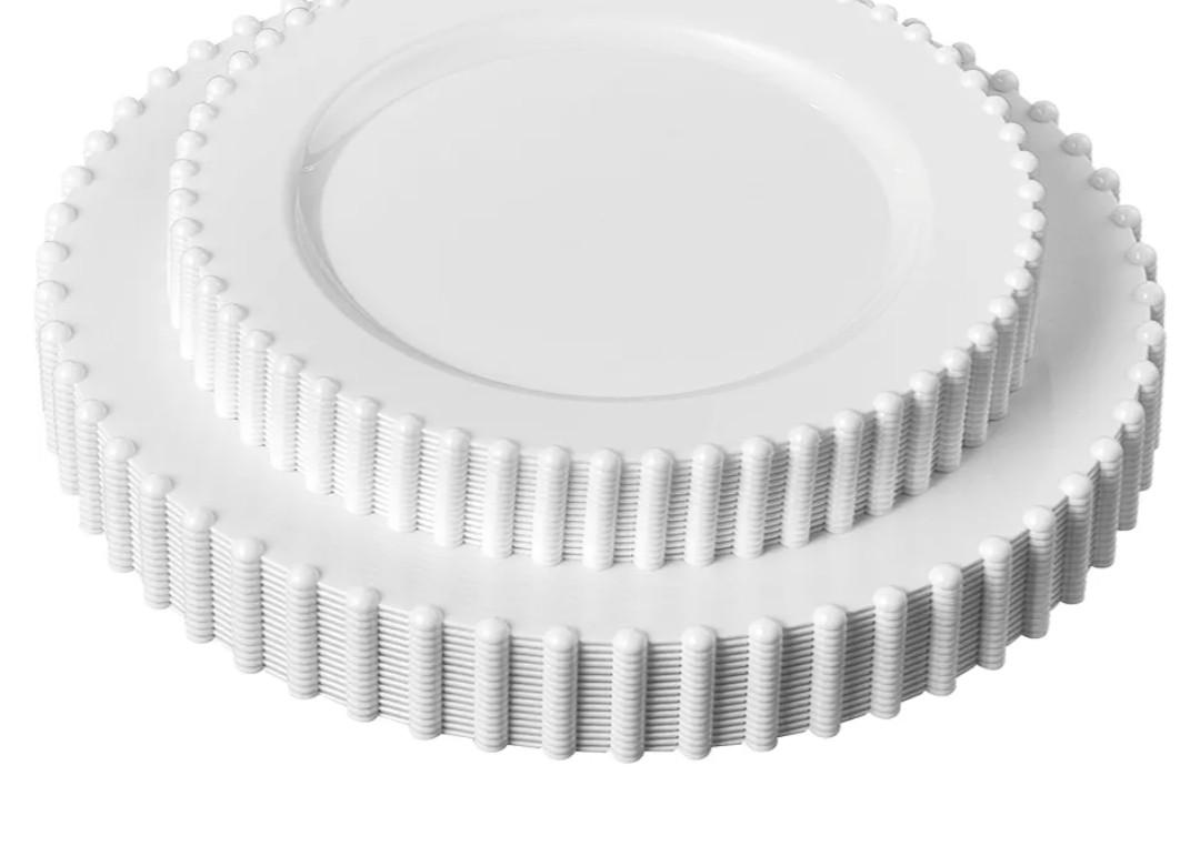 PLASTICPRO 64 Piece Combo Plastic Dinner Plates Disposable Plastic Fancy Heavy Duty Party Dishes 7 inch and 10 inch, White Beaded