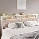 Queen Headboard Only, Headboard for Queen Size Bed with Storage, Upholstered Headboards with LED Lights & Charging Station, Attach Frame, Ideal for Bedroom/Dorm/Guest Room, White & Beige