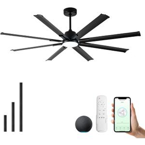 72 Inch Ceiling Fan with Light,Industrial Ceiling Fan with 8 Black Aluminium Blades,Smart Fan Works with Alexa,Garage Outdoor/Indoor Fan for Patio and Living Room