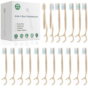 NUDUKO Travel Toothbrush Dental Floss Picks  4 in 1 Biodegradable Disposable Toothbrushes with Tongue Scraper, EcoFriendly Individually Wrapped Toothbrush for Adult Kids Travel Oral Care, 80 Pack