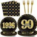 96PCS 90th Theme Birthday Party Tableware Vintage 1936 Party Supplies 90 Year Old Birthday Decorations Plates Napkins Forks Black and Gold Dinnerware Favors for Men or Women