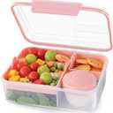 Finorder Light Pink Portable Bento Lunch Box with Handle, BPA Free Snack Food Container for Picnic Work, 43-oz Food Grade Lunch Bento Box with 5-oz Yogurt Cup
