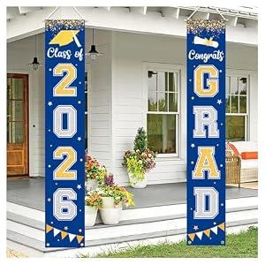 Graduation Decorations 2026 GRAD Banner Blue Porch Door Sign Welcome Banner For Indoor Outdoor Wall Graduation Decorations Class of 2026