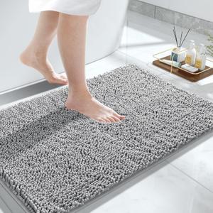 Yimobra Chenille Bathroom Rugs - 32"x20" Super Luxury Soft & Absorbent Quick Dry - Non Slip Bath Mat for Tub Shower - Machine Washable - Gray (Grey)