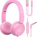New bee Kids Headphones for School with Microphone HD Stereo Safe Volume Limited 85dB/94dB Foldable Lightweight On-Ear Headphone for Girls/PC/Mac/Kindle/Tablet/Pad (Pink)