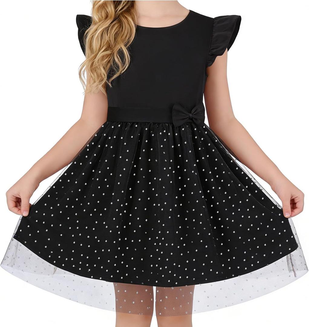 DIPUG Girls Tulle Dress, Casual Birthday Party Flower Girl Summer Dresses Polka Dot Bow & Flutter Sleeves, 5-12Y