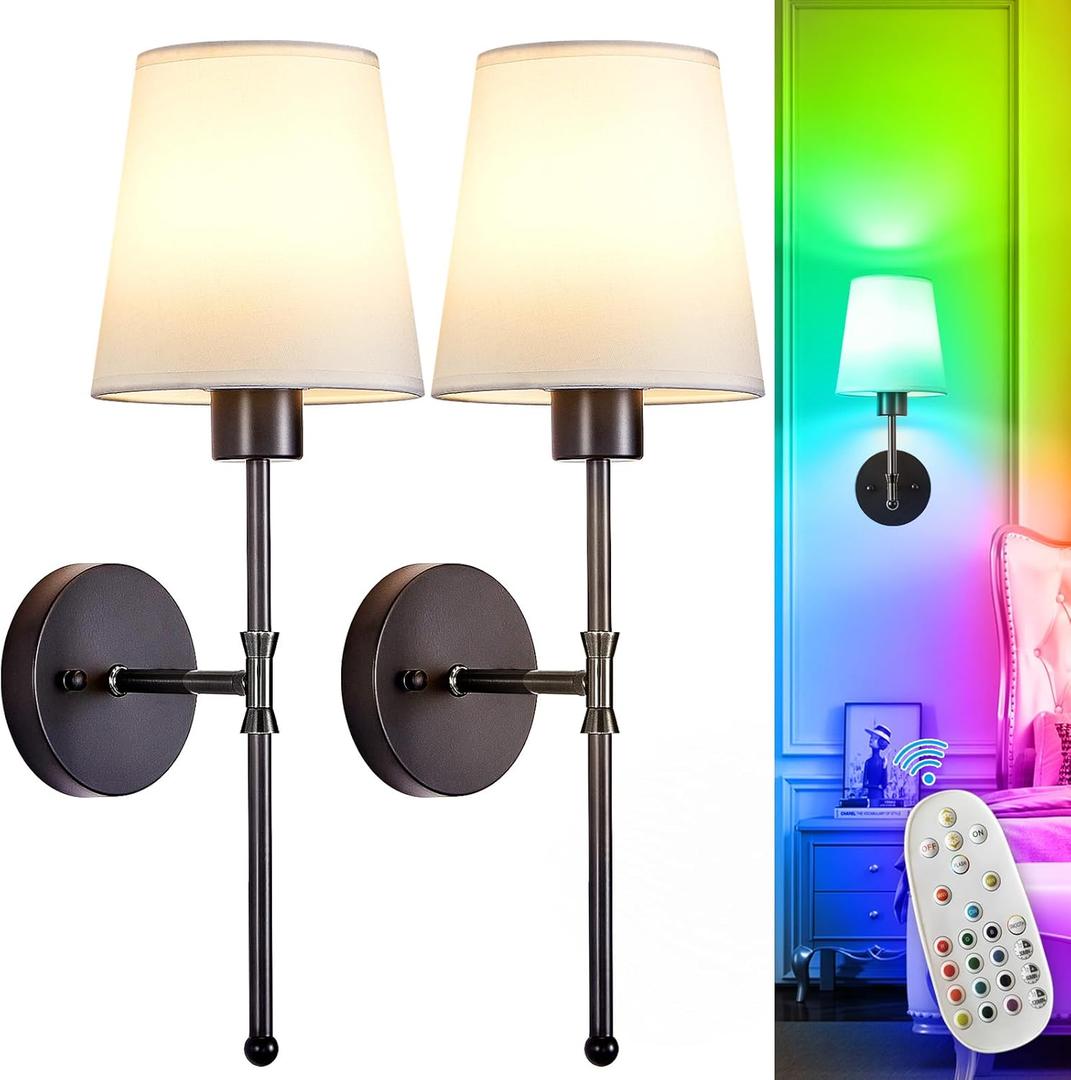 Depuley Battery Operated Wall Sconce: Set of 2 Wireless Wall Lights with Remote for Bedroom  Black Rechargeable 15 Colors RGB Halloween Wall Lamp for Living Room Hallway