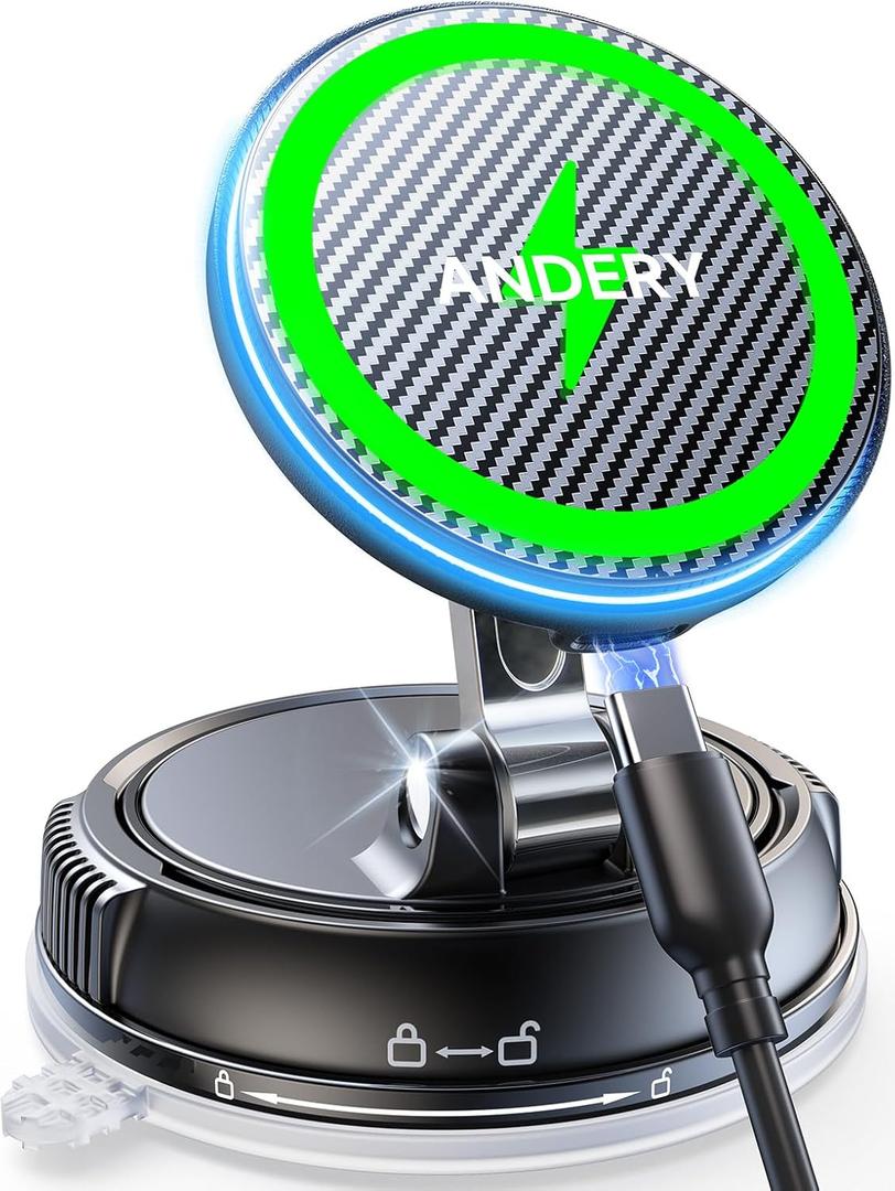 ANDERY Only for iPhone Magsafe Car Mount Charger [15W Fast Wireless Charging, 78+LBS Strong Suction 2400gf Strong Magnetic] 360 Adjustable Car Phone Holder, Phone Holders for Your Car for pats & mats