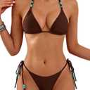 Tainehs Women's Triangle Thong Bikini Set Halter String Sexy Two Piece Swimsuit Cute Bathing Suit (Brown, M)