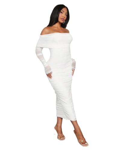 MOBTOR Women 2025 Summer Dress Long-Sleeved Off-Shoulder Pleated Mesh Dress(Size Small)