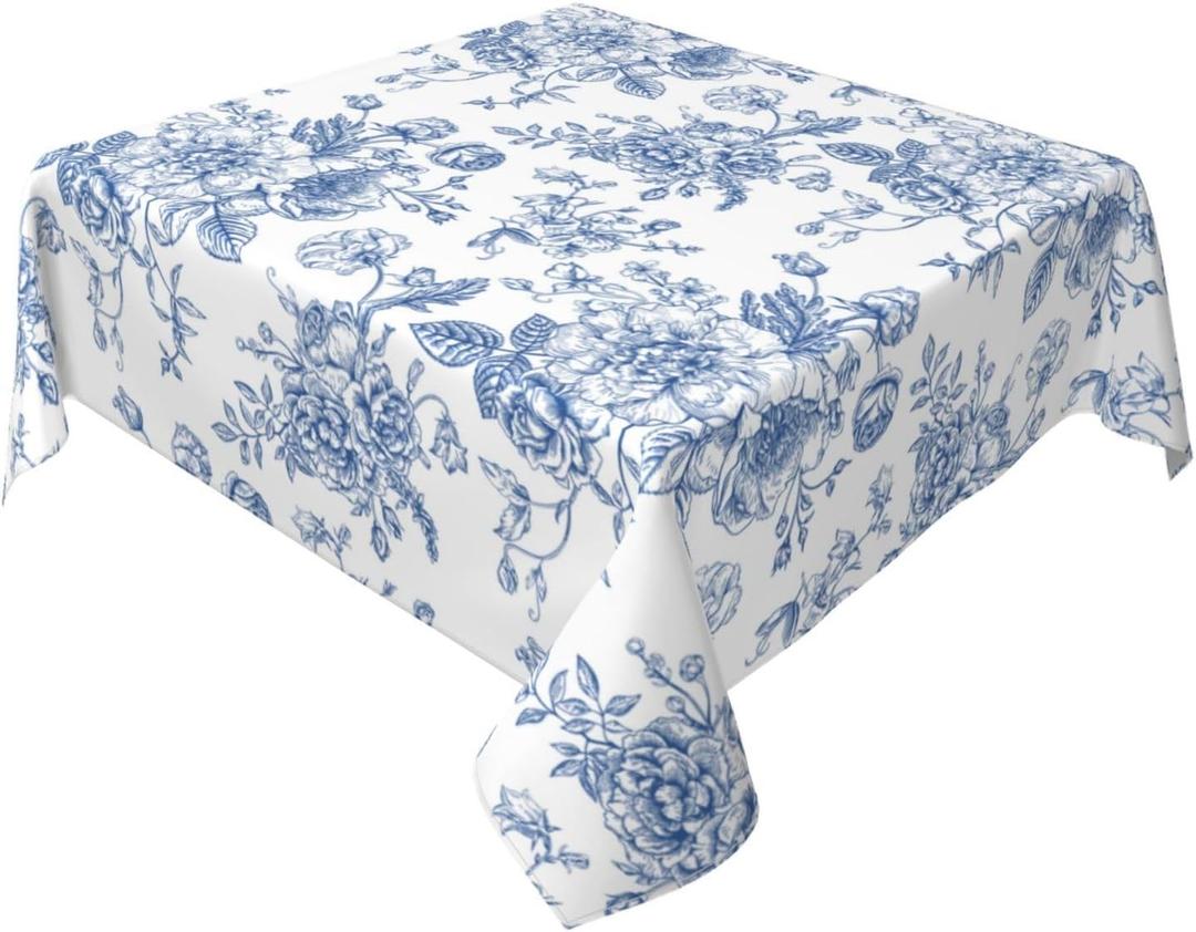 Blue Floral Round Tablecloth 60x60 Inch Square, Blue and White Chinoiserie Flower Toile Table Cloth Spring Decorations Polyester Stain Resistance Table Cover for Party Picnic Kitchen Decor