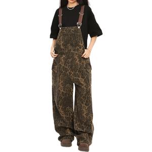 YEMOCILE Women's Y2K Leopard Denim Overall Baggy Jeans Adjustable Strap Wide Leg Jumpsuit with Pockets, Medium