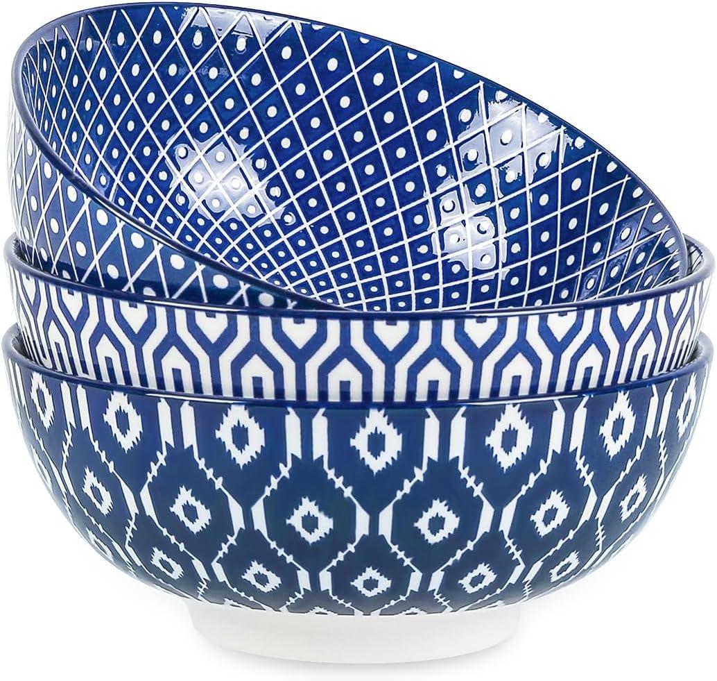 Selamica Ceramic Large Salad Bowls Set, 53 OZ Pho Bowls 8 Inch Soup Bowls for Kitchen, Large Serving Bowls for Ramen Pasta Fruit Dinner, Stackable & Sturdy, Set of 3, Vintage Blue