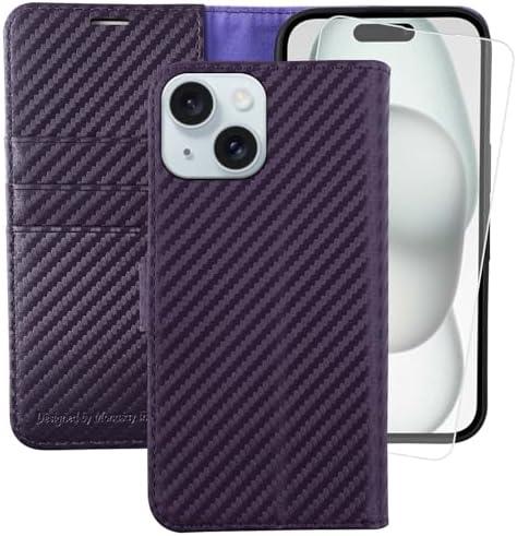 MONASAY Wallet Case Compatible for iPhone 15 5G,[Glass Screen Protector Included] [RFID Blocking] Flip Folio Leather Cell Phone Cover with Credit Card Holder，6.1-inch，Bright-Purple