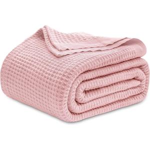 Bedsure 100% Cotton Blanket Queen Size for Bed - Breathable and Soft, Waffle Weave Blanket for Summer Spring, Pink, 90x90 Inches
