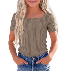 Xaatren Girls Square Neck Short Sleeve T-Shirt | Ribbed Knit, Square Neck, Short Sleeve, Lace Trim, Slim Casual Fit, Summer Basic Tee, Girls' Sizes 5-14 Years